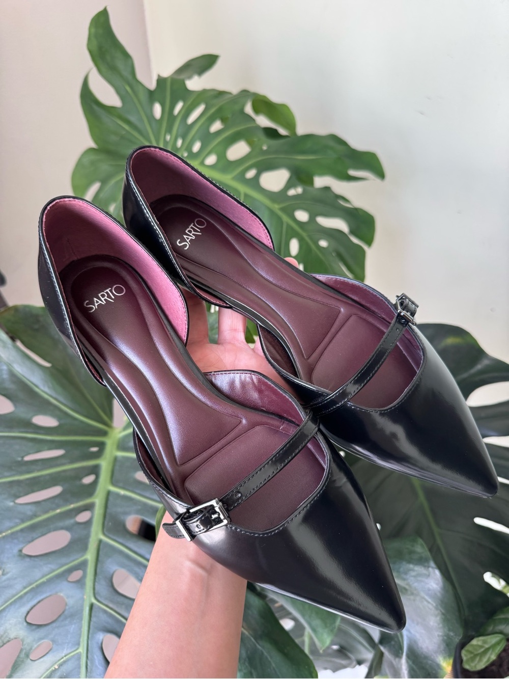 Franco Sarto Black Patent Pointed-Toe Mary Jane Flats